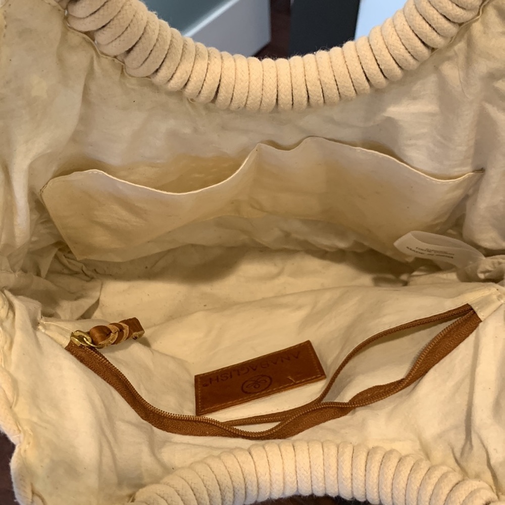 Cream Macramé & Tan Leather Round Handle Shoulder Bag - Picture 6 of 10